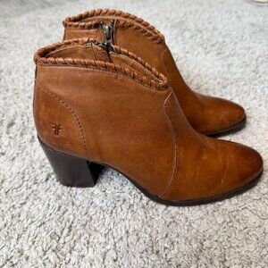 Frye Nora Whipstitch Brown Leather Bootie Ankle Boots Side Zip Womens 7